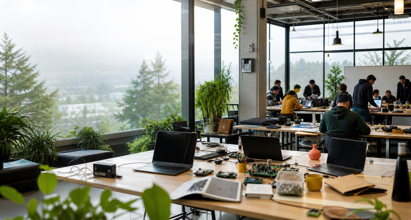 A collaborative hackathon workspace with laptops and maker materials